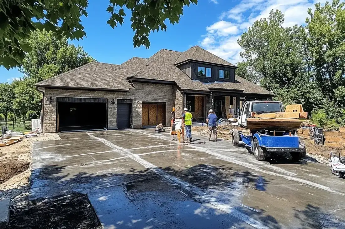 Crew finishing a new concrete driveway in front of a brick house