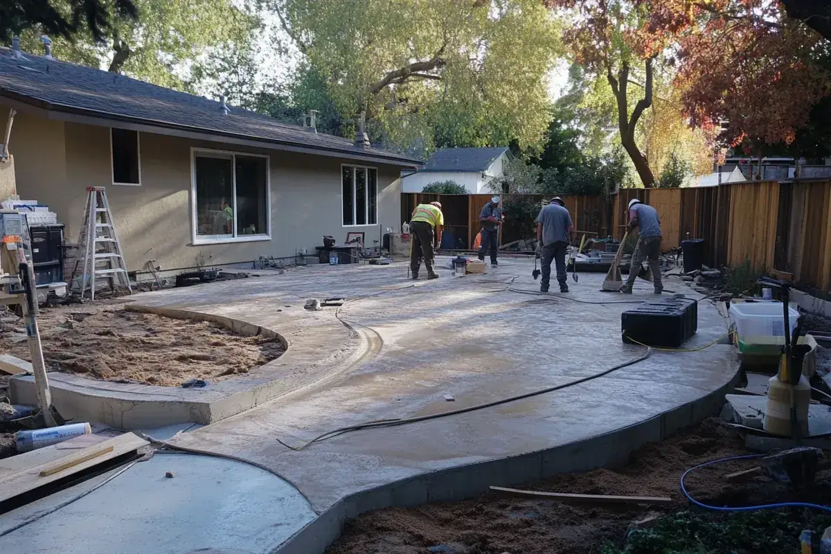 Crew placing a curved concrete patio behind a single-story house
