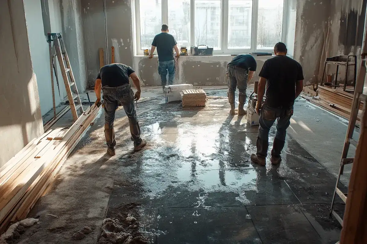 Crew spreading fresh concrete across an interior floor
