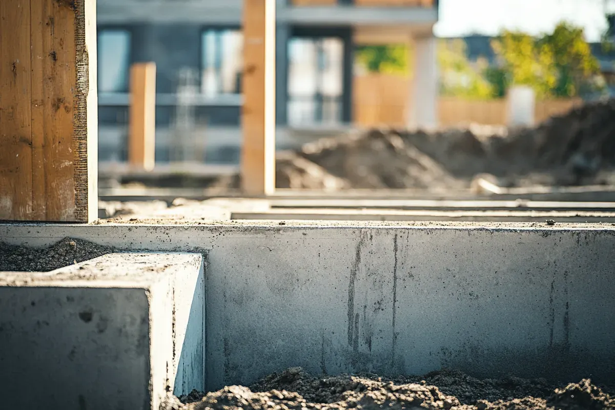 Poured concrete foundation wall and footing on a building site