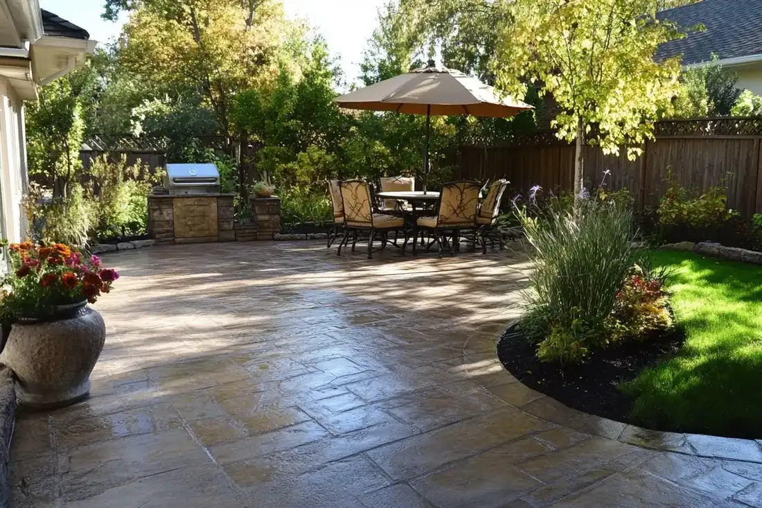 Stamped concrete patio with an outdoor kitchen and umbrella table